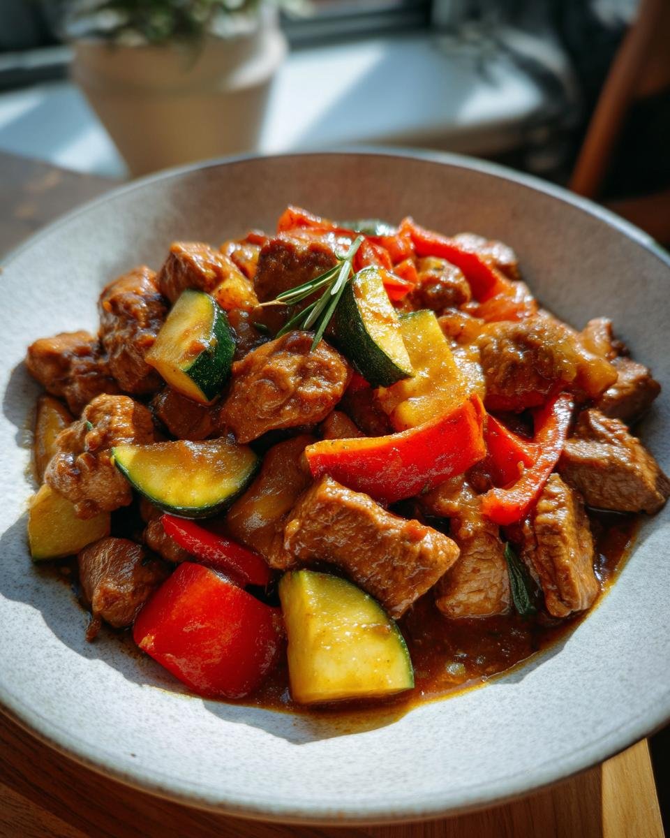 Einfaches Putengulasch mit Paprika und Zucchini in einer Schüssel, garniert mit Rosmarin.