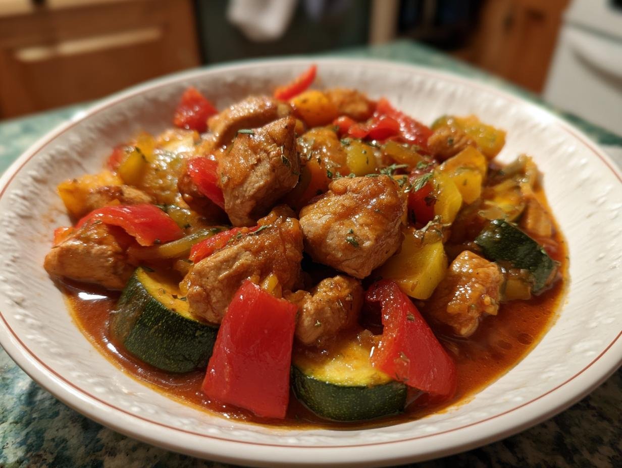 Einfaches Putengulasch mit Paprika und Zucchini in einer Schüssel, mit Fleischstücken, Paprikastreifen und Zucchinischeiben.