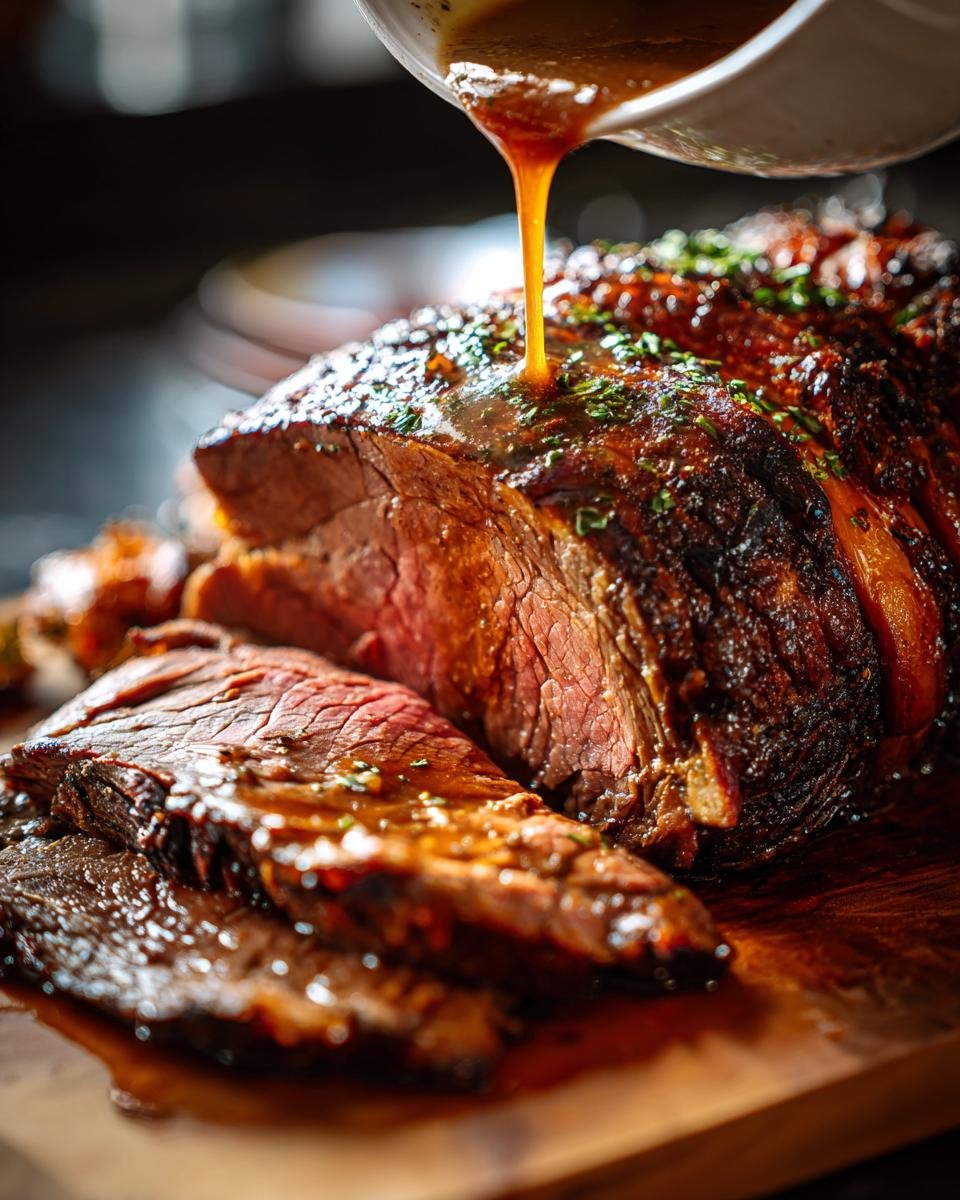 Der einfachste Weihnachtsbraten der Welt: Ein saftiger Braten wird mit Bratensauce übergossen und ist bereits angeschnitten.