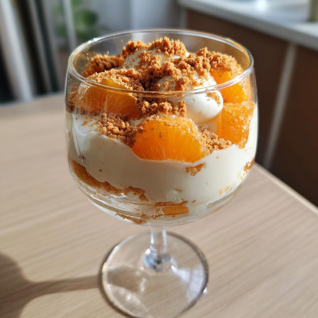Close-up of Festliche Spekulatius Mandarinen Quark Creme in a glass, layered with cream, mandarin segments, and crumbled speculoos.