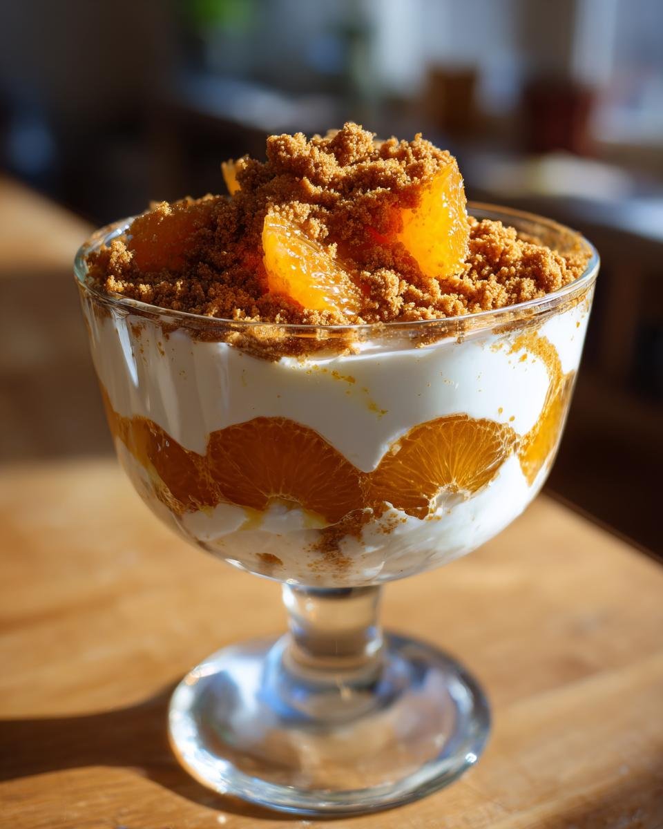 Festliche Spekulatius Mandarinen Quark Creme served in a glass bowl, topped with crumbled speculoos cookies and mandarin pieces.