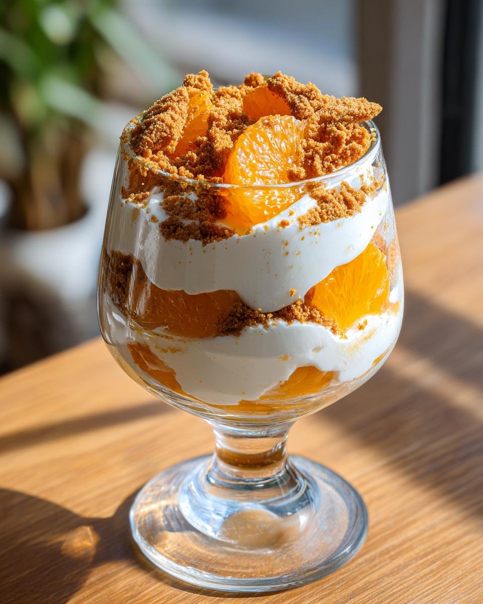 Festliche Spekulatius Mandarinen Quark Creme served in a glass, layered with mandarin segments, quark cream, and speculoos crumbs.