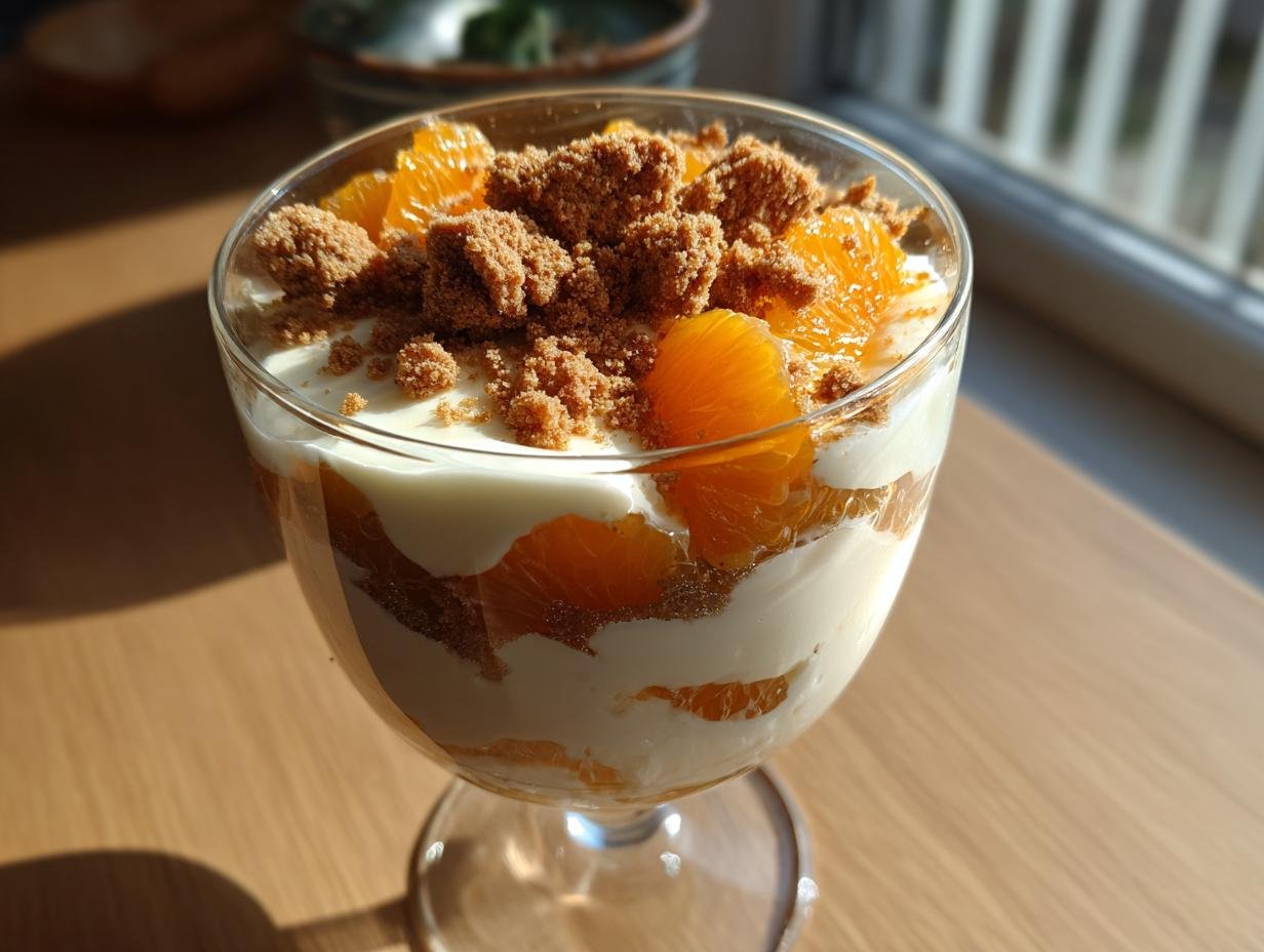 Festliche Spekulatius Mandarinen Quark Creme served in a glass, layered with mandarins, quark cream, and speculoos crumbs.