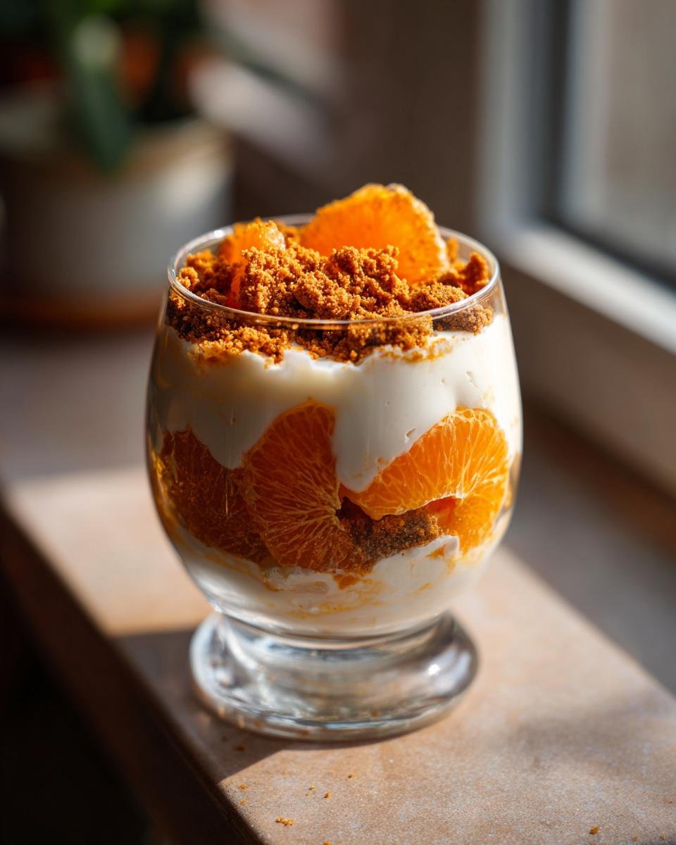 Festliche Spekulatius Mandarinen Quark Creme in einem Glas geschichtet mit Mandarinen, Quark und Spekulatius-Krümeln.