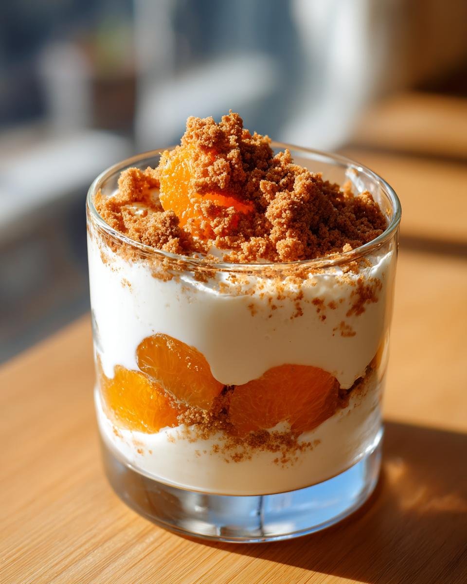 Festliche Spekulatius Mandarinen Quark Creme im Glas, geschichtet mit Mandarinenstücken und Spekulatius-Krümeln.