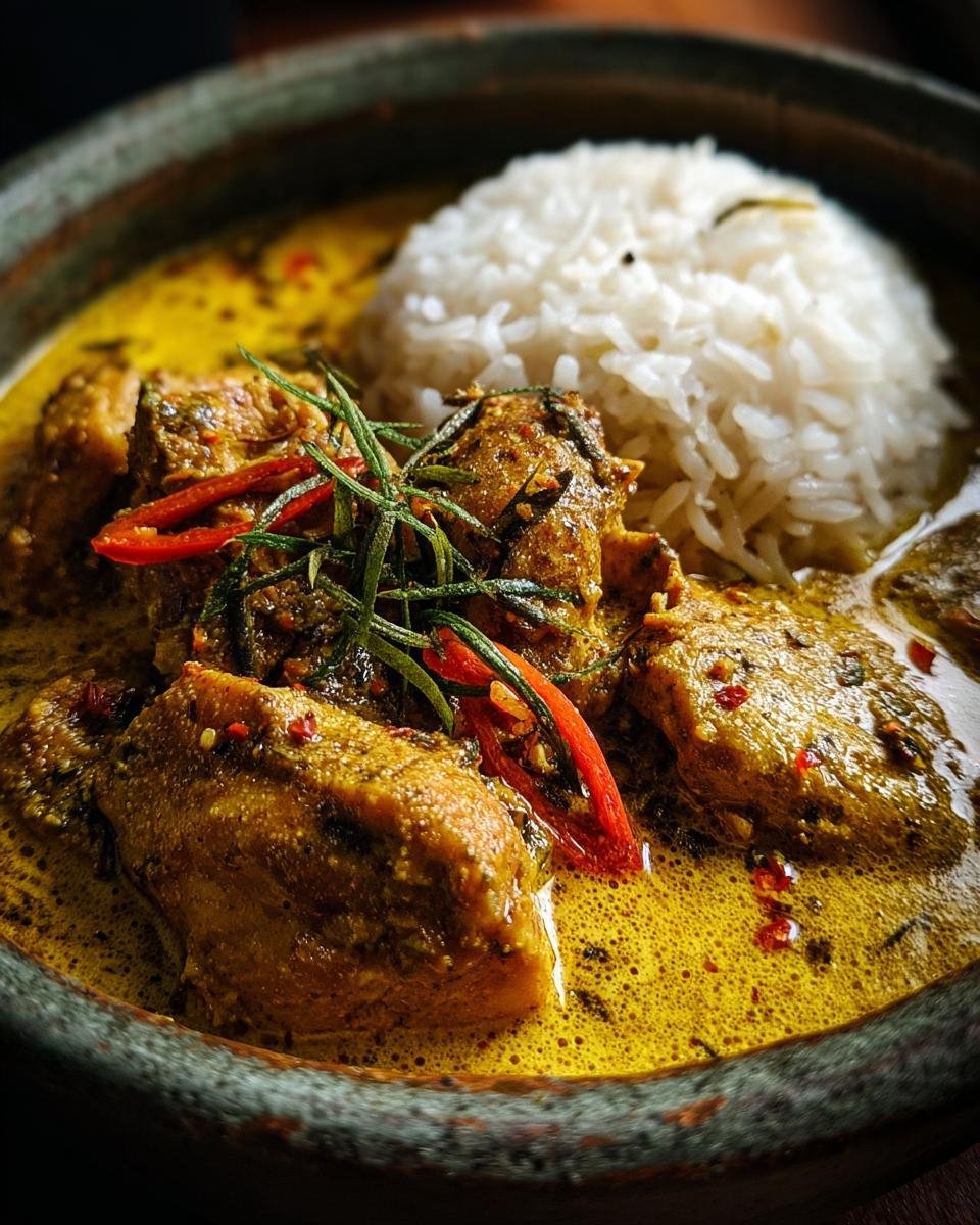 Nahaufnahme eines herzhaften Fleischgerichts in einer gelben Curry-Sauce mit Reis und garniert mit Chili und Kräutern. Ein Gericht aus Rezepte mit Fleisch.