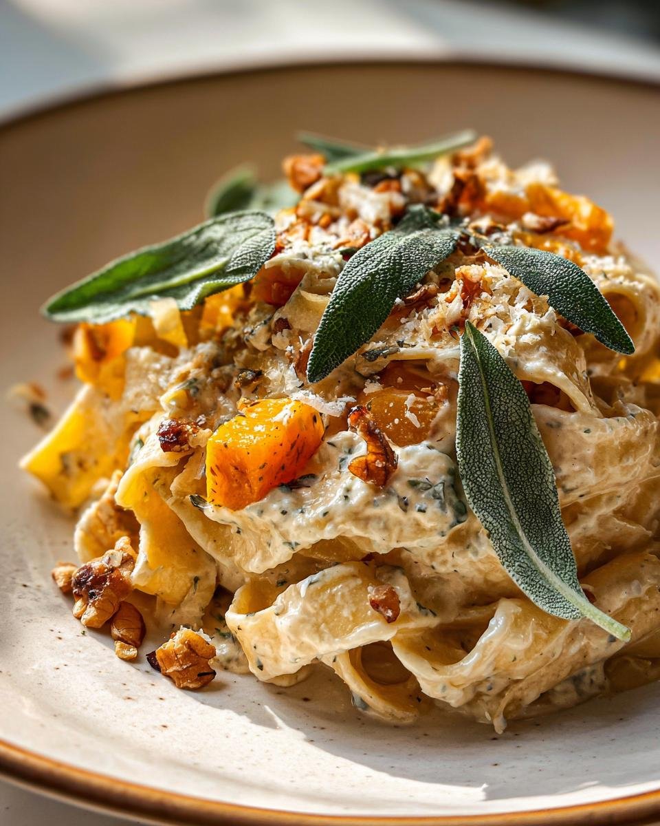 Frische Pasta mit Maronen, Kürbis, Salbei und Roquefort, garniert mit Walnüssen und Käse.