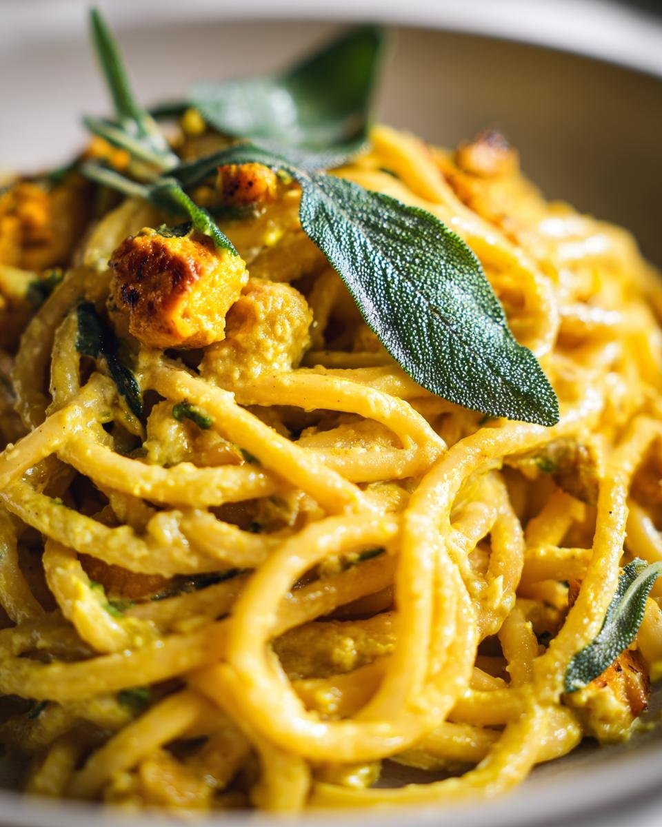 Nahaufnahme von Frische Pasta mit Maronen, Kürbis, Salbei und Roquefort, garniert mit Salbeiblättern.