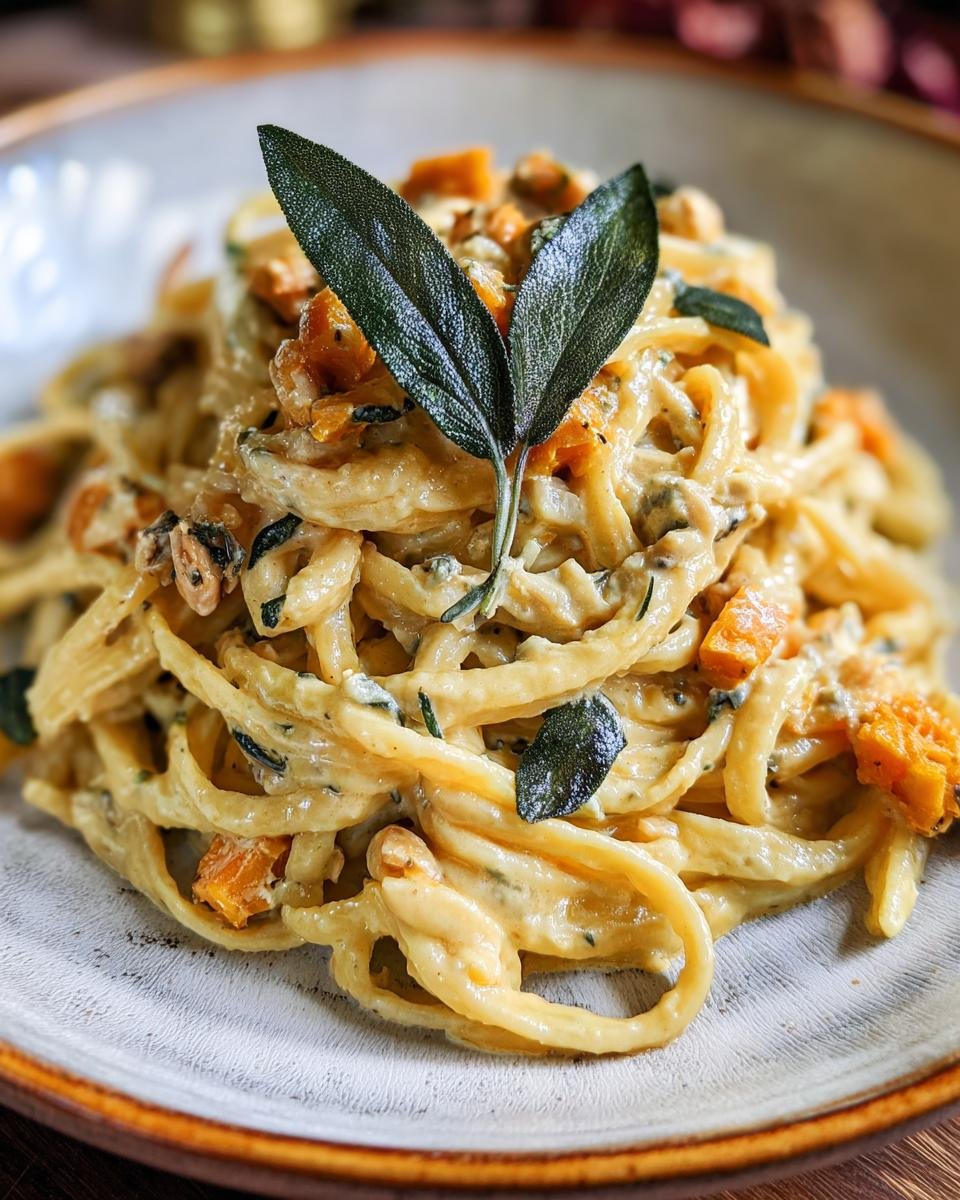 Frische Pasta mit Maronen, Kürbis, Salbei und Roquefort, garniert mit Salbeiblättern.