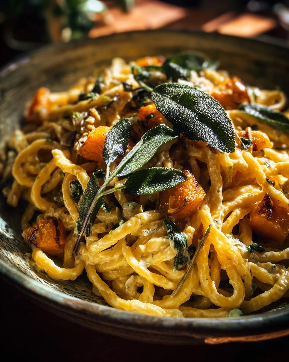 Frische Pasta mit Maronen, Kürbis, Salbei und Roquefort, garniert mit Salbeiblättern.