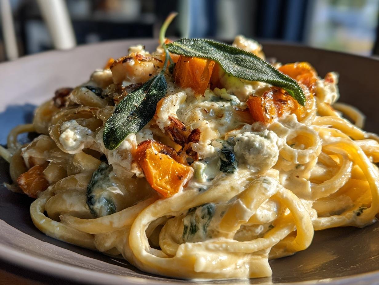 Eine Nahaufnahme von Frische Pasta mit Maronen, Kürbis, Salbei und Roquefort, garniert mit Salbeiblättern.