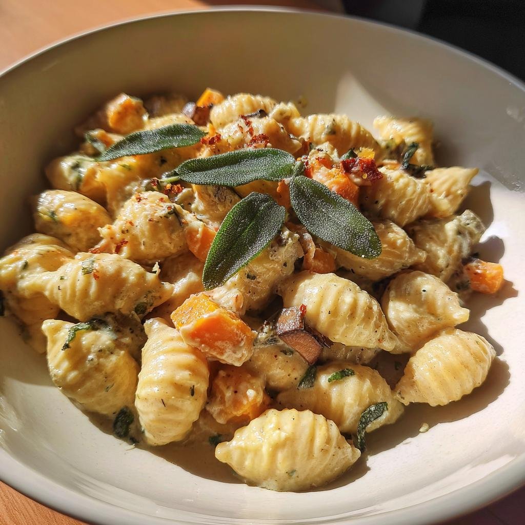 Eine Schüssel mit frischer Pasta, Maronen, Kürbiswürfeln und Salbeiblättern in einer cremigen Sauce.