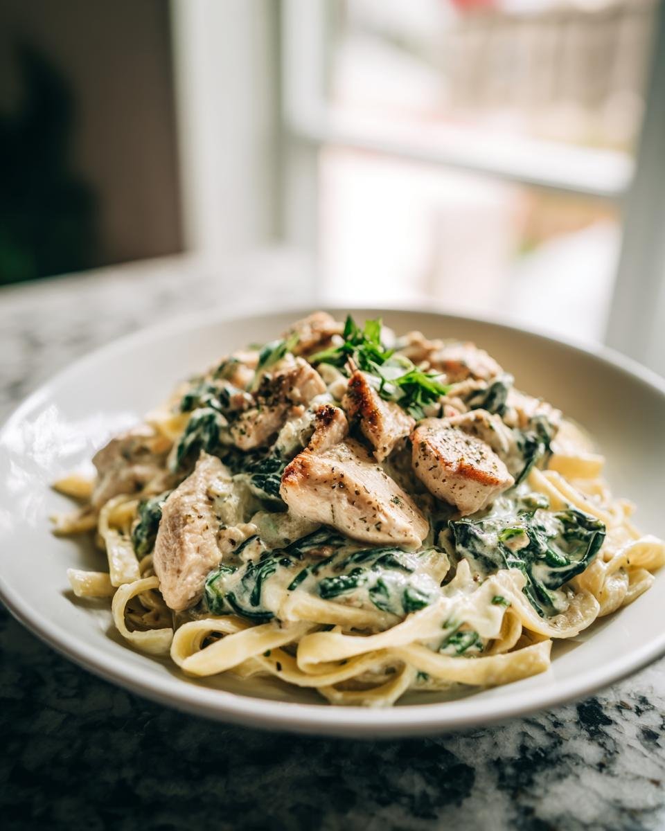 Eine Schüssel cremiger Frischkäse Spinat Hähnchen Pasta, garniert mit frischen Kräutern.