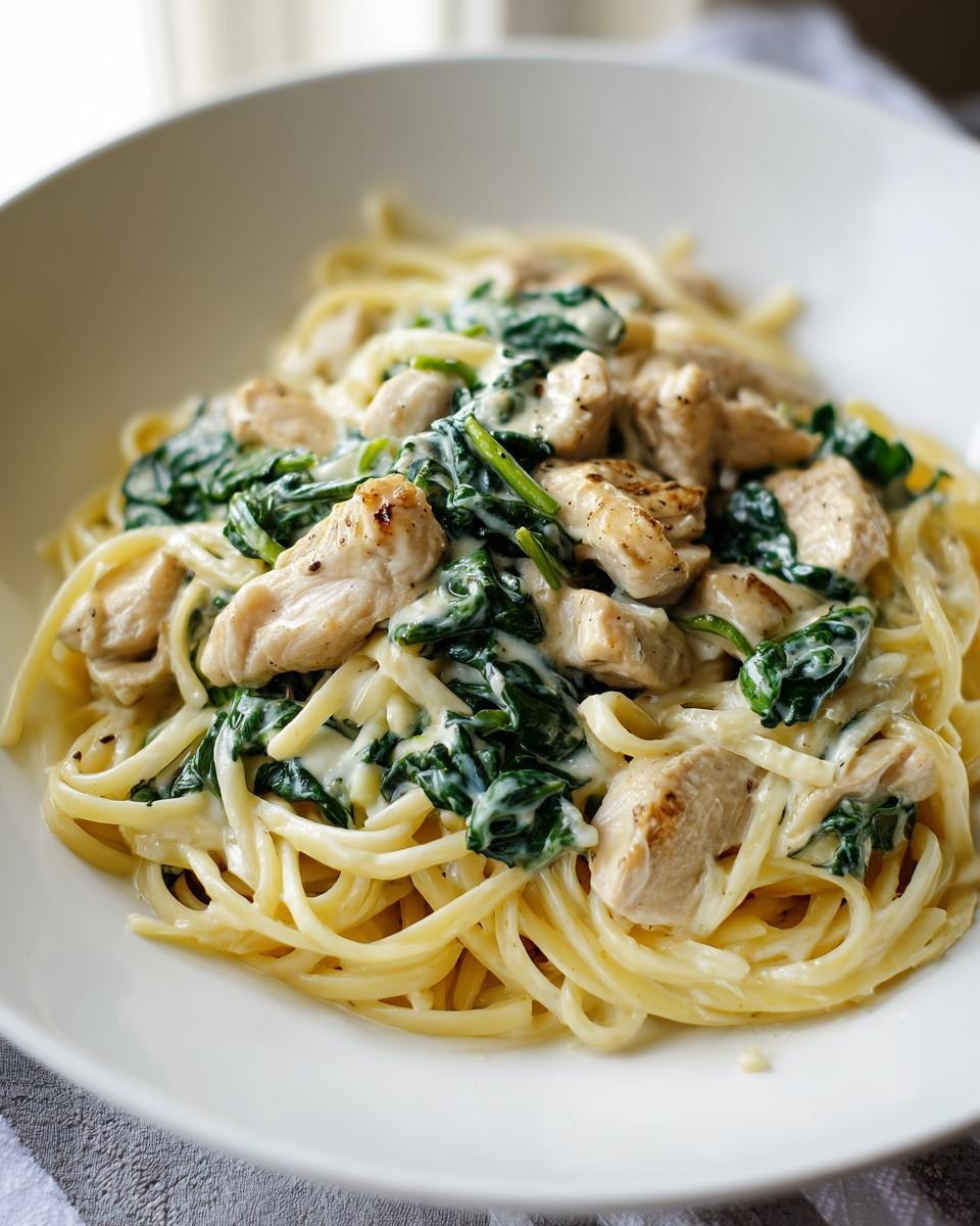 Eine Schüssel cremiger Frischkäse Spinat Hähnchen Pasta mit zarten Hähnchenstücken und Spinat.