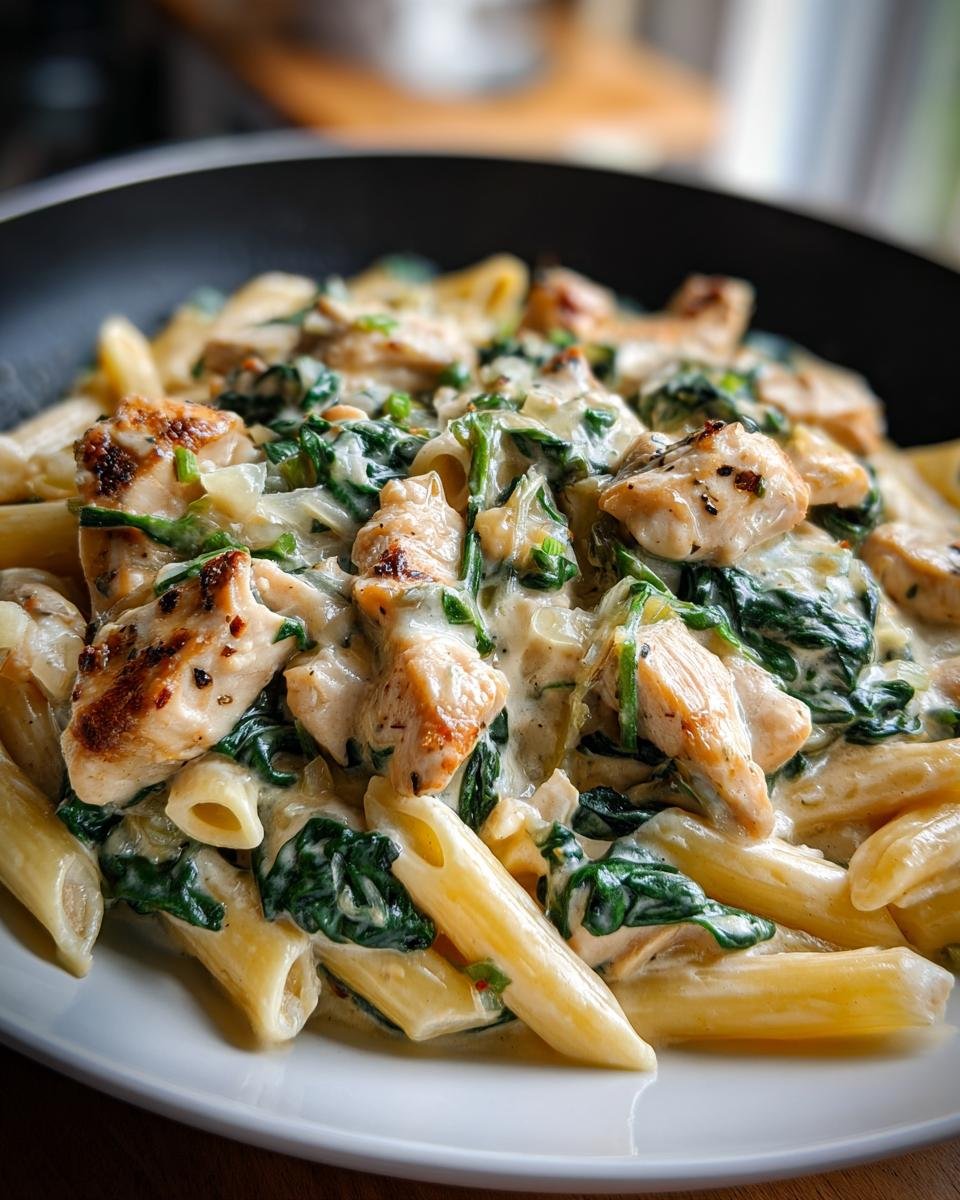Eine cremige Frischkäse Spinat Hähnchen Pasta mit Penne-Nudeln und gebratenen Hähnchenstücken.