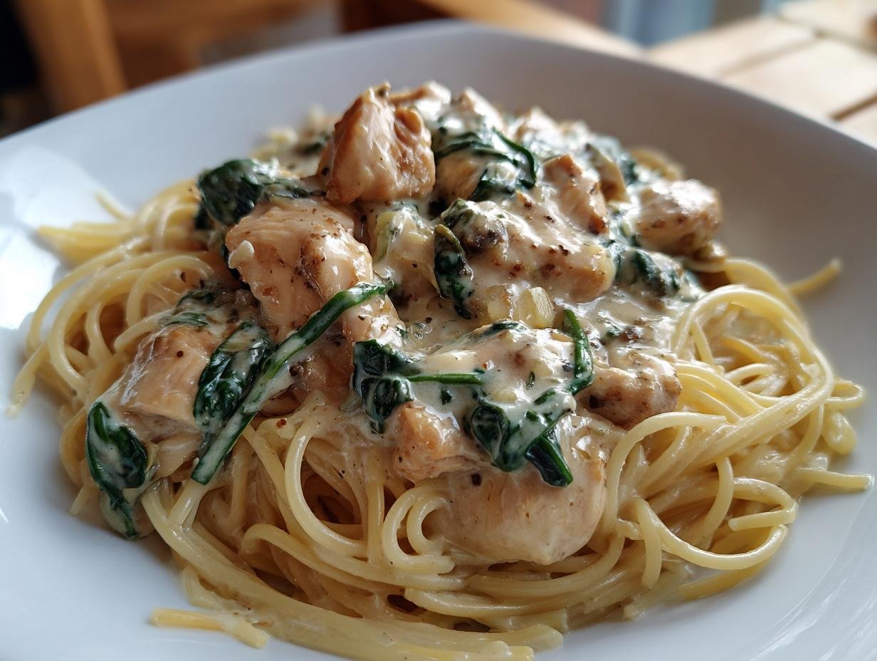 Eine Portion Frischkäse Spinat Hähnchen Pasta, serviert auf einem weißen Teller.