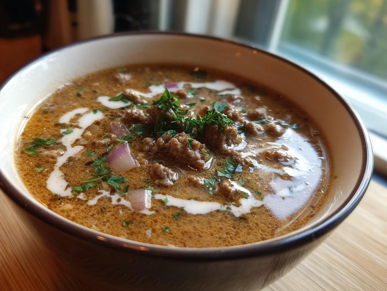 A close-up of a bowl of Friss-dich-dumm-Suppe, featuring ground meat, red onion, and a swirl of cream.