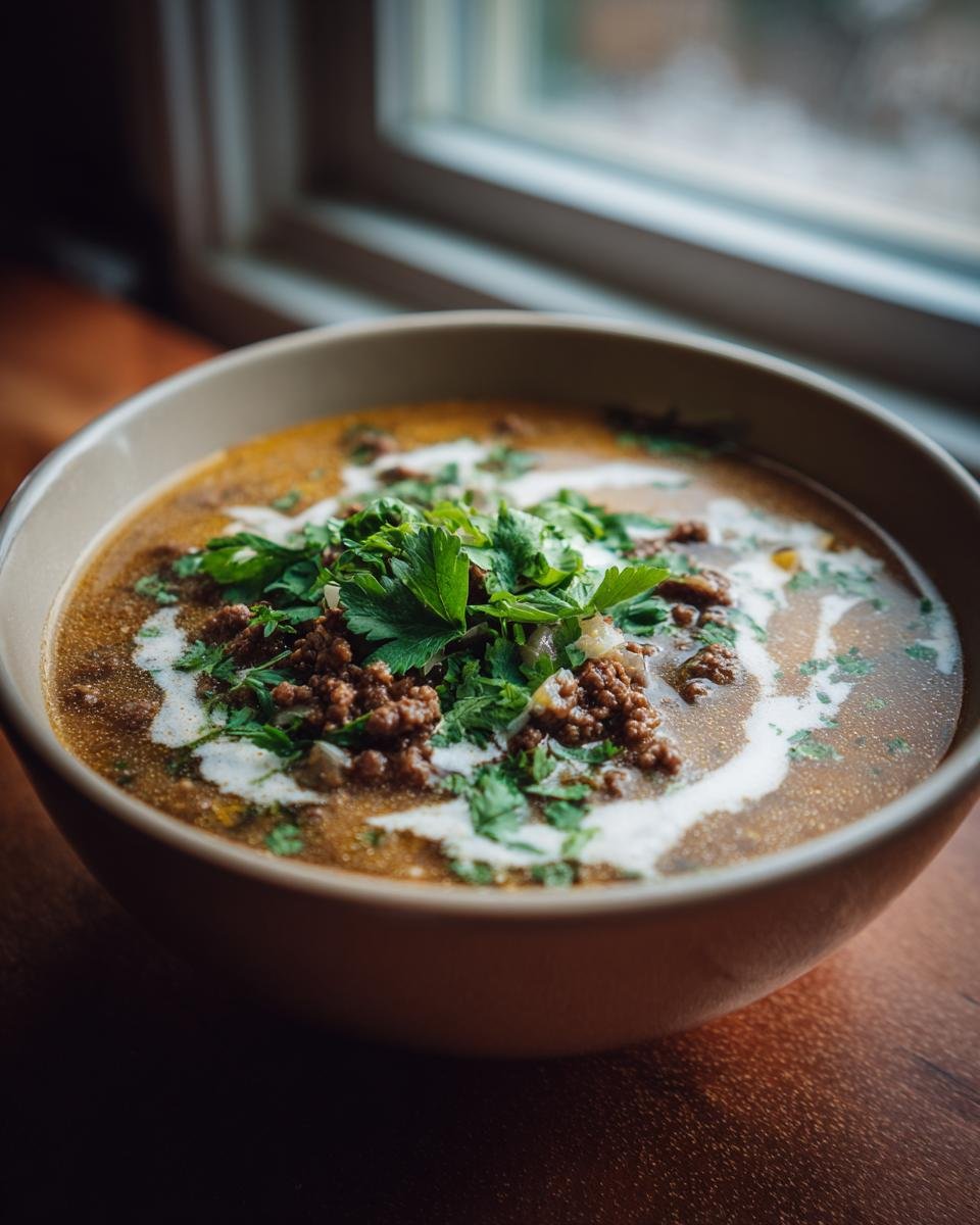 Eine Schüssel Friss-dich-dumm-Suppe mit Hackfleisch, Sahne und frischer Petersilie garniert.