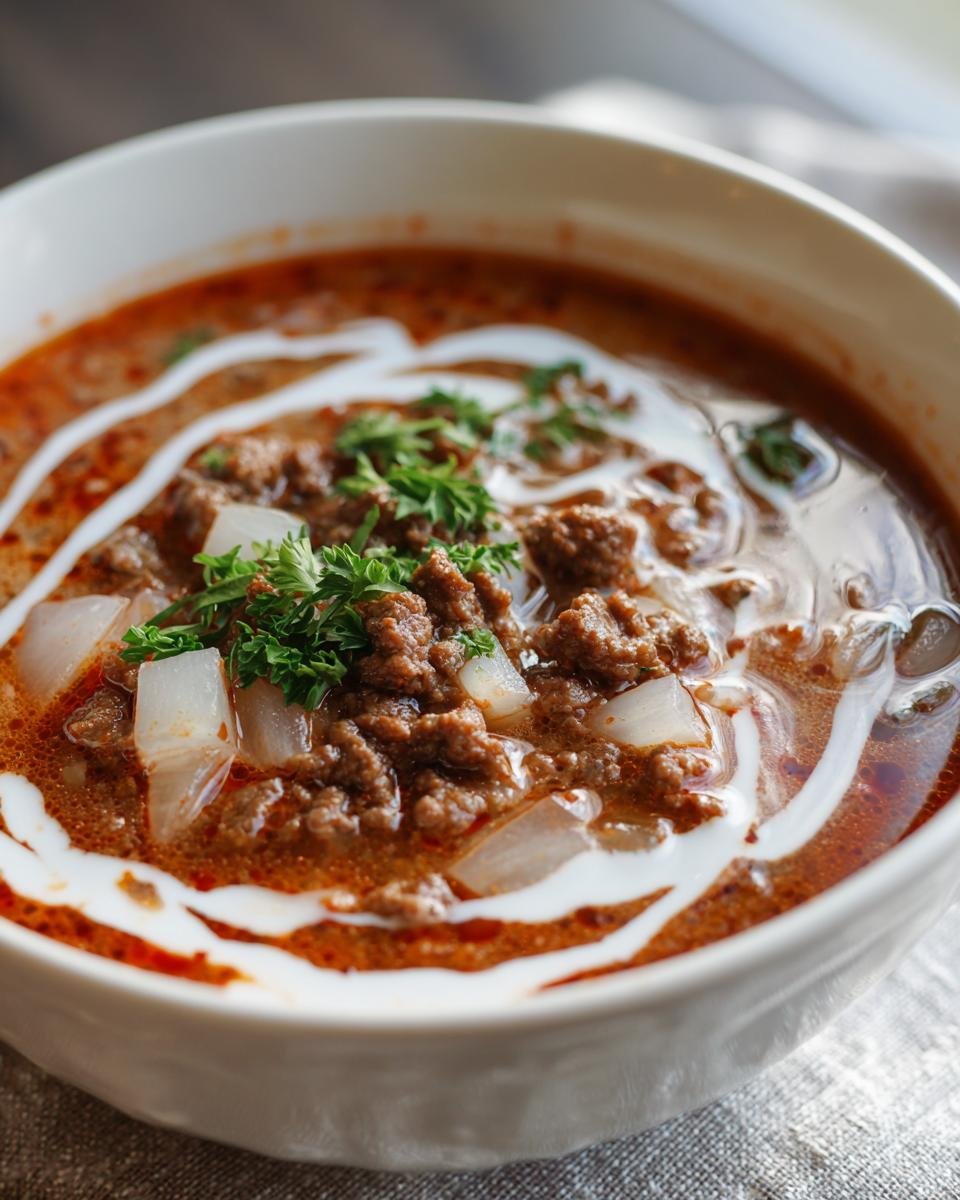 Nahaufnahme einer Schüssel mit Friss-dich-dumm-Suppe, garniert mit Sahne und Petersilie.
