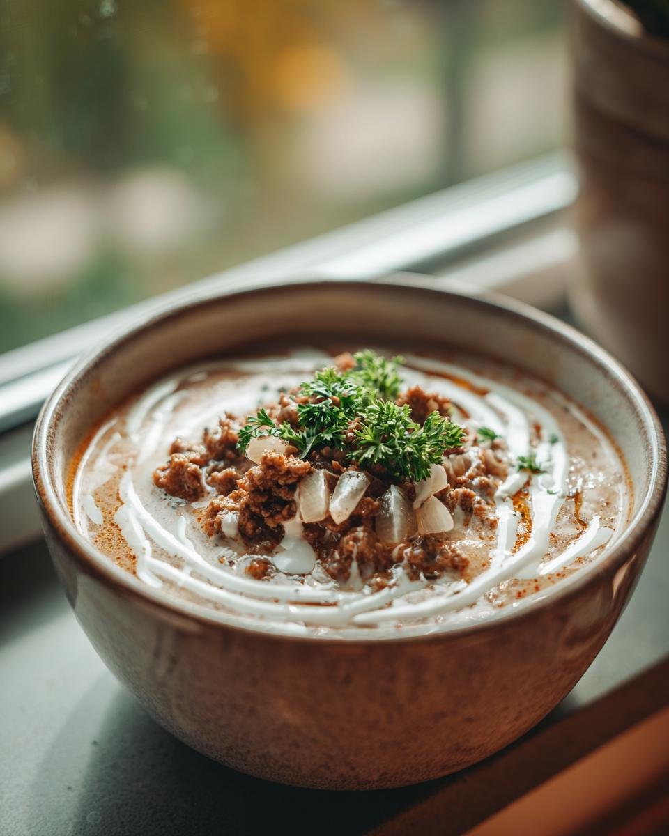 Eine Schüssel Friss-dich-dumm-Suppe mit Hackfleisch, Zwiebeln und einem Klecks Sahne, garniert mit Petersilie.