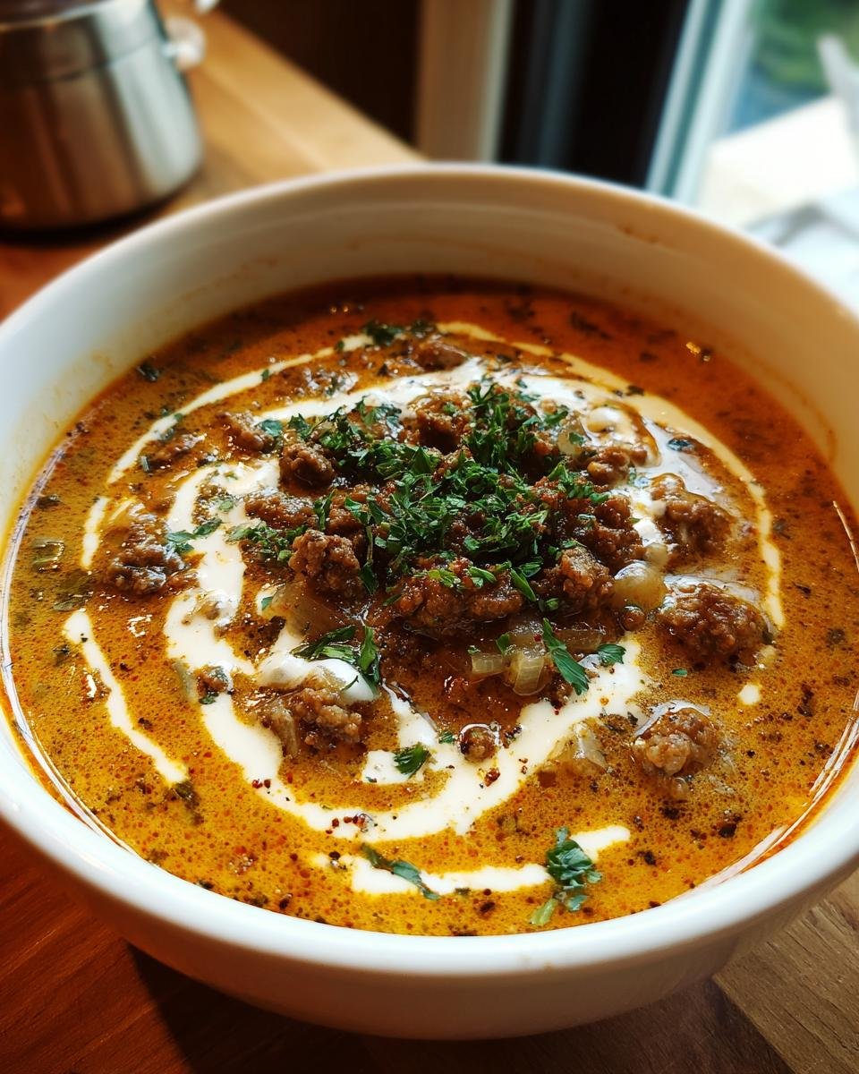 A close-up of a bowl of Friss-dich-dumm-Suppe, featuring ground meat, swirls of cream, and chopped parsley.