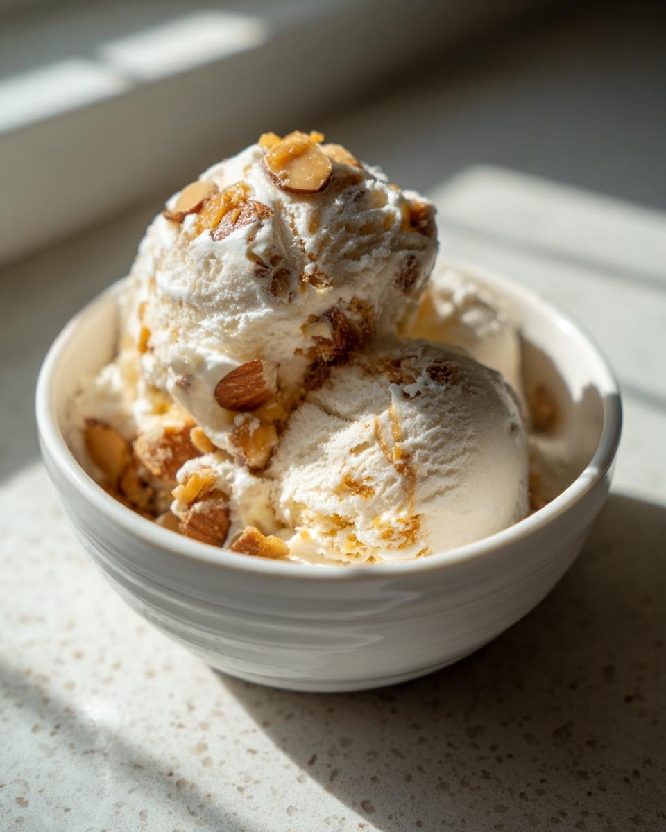 A bowl of creamy Gebrannte Mandel Eis (caramelized almond ice cream) topped with toasted almond slivers.