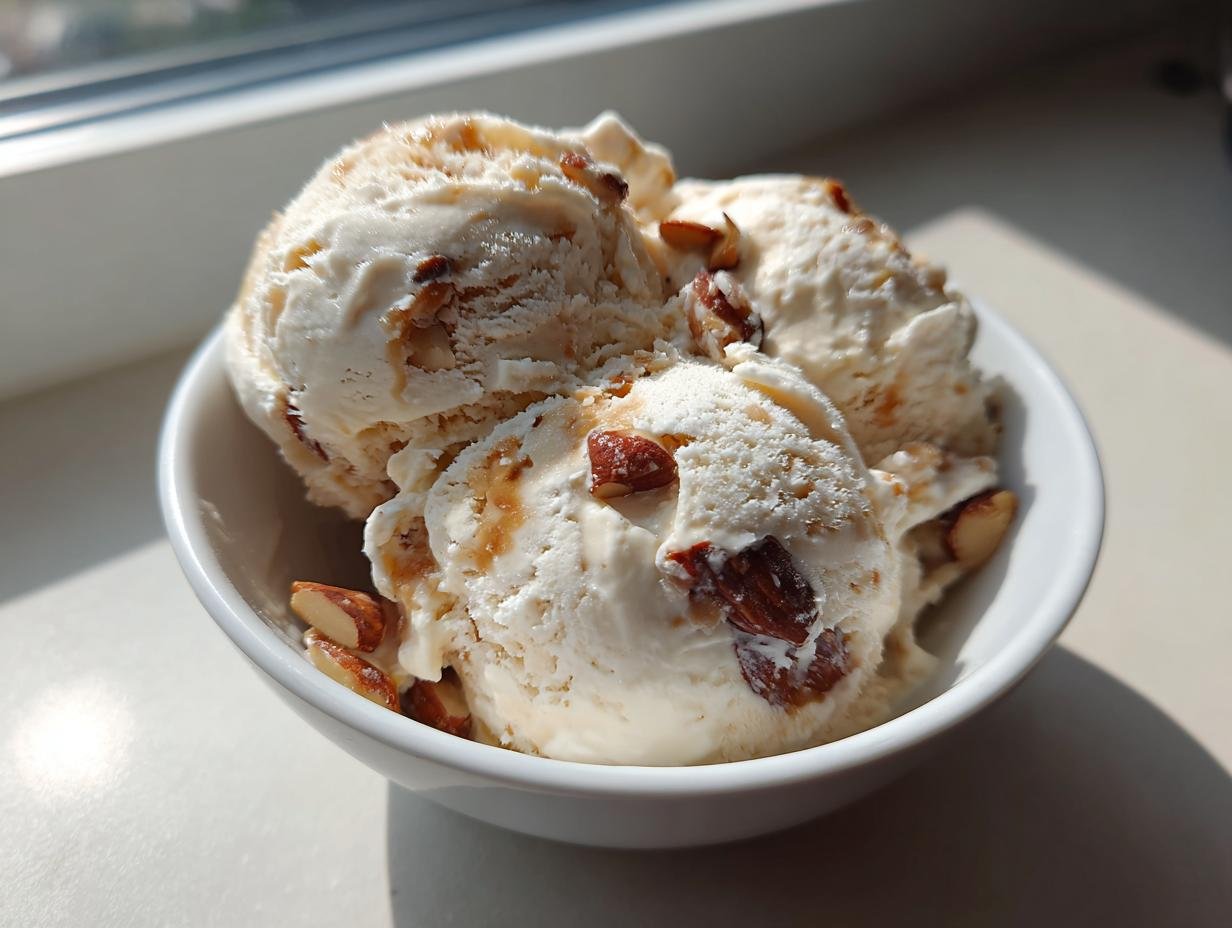 Schüssel mit drei Kugeln Gebrannte Mandel Eis, garniert mit gehackten Mandeln und Karamellsauce.