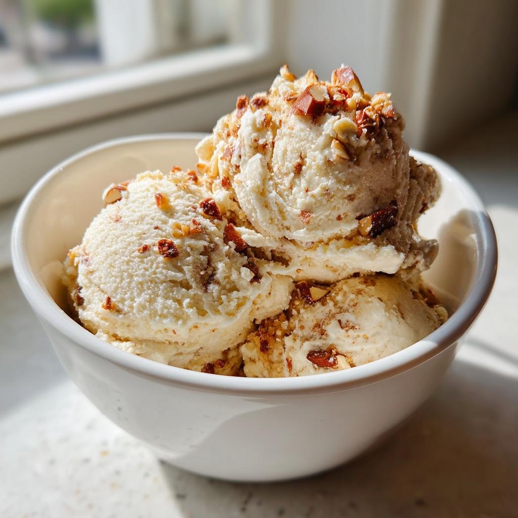 Eine weiße Schüssel gefüllt mit drei Kugeln Gebrannte Mandel Eis, garniert mit gehackten Mandeln.