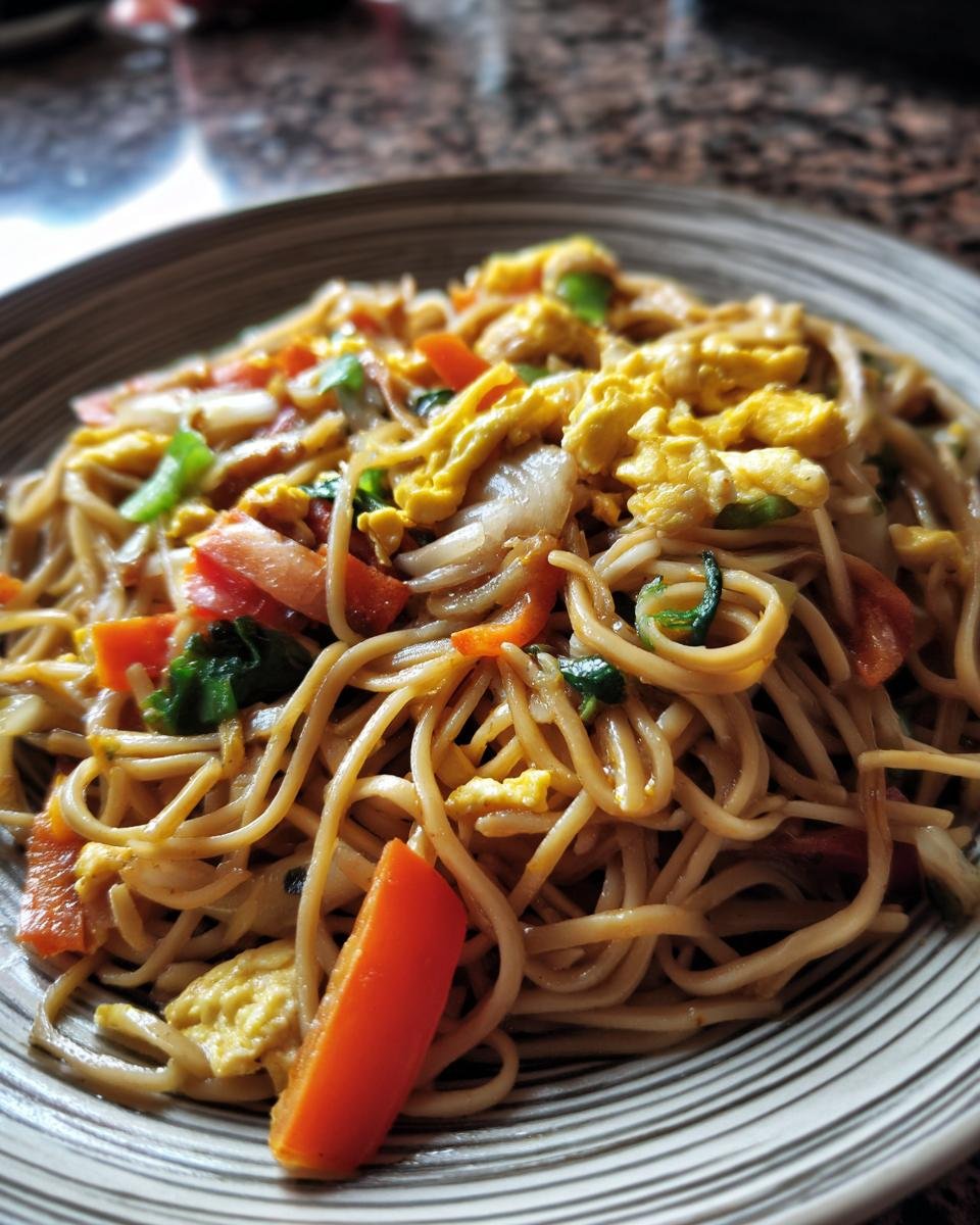 Eine Nahaufnahme von Gebratenen Nudeln mit Gemüse und Ei, serviert in einer Schüssel.