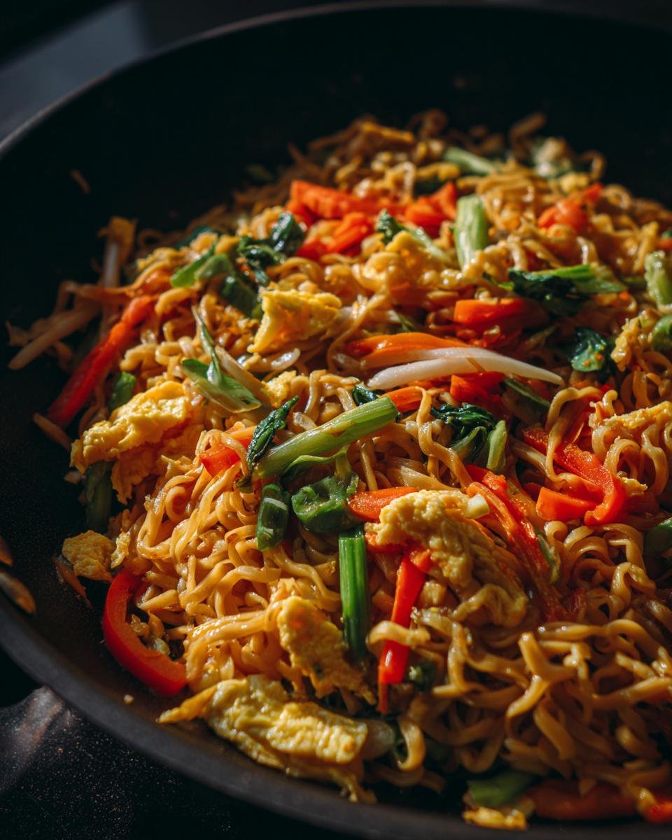 Close-up of Gebratene Nudeln mit Gemüse und Ei in a pan, featuring noodles, scrambled eggs, carrots, and peppers.
