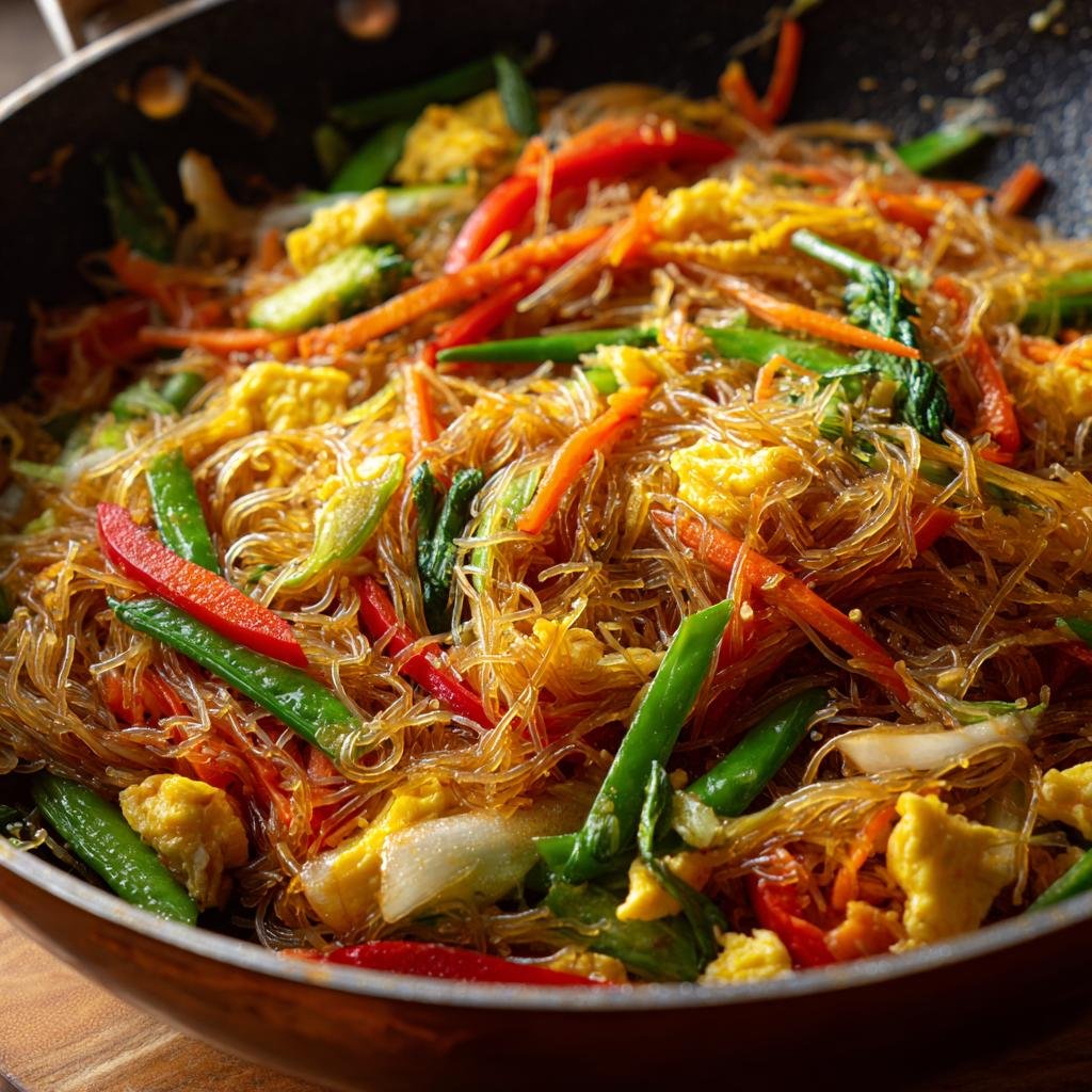 Close-up of Gebratene Nudeln mit Gemüse und Ei in a pan, featuring glass noodles, scrambled eggs, carrots, bell peppers, and snap peas.