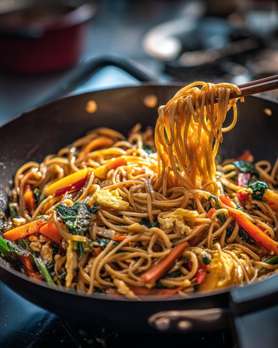 Close-up of Gebratene Nudeln mit Gemüse und Ei being lifted from a wok with chopsticks, showing noodles, vegetables, and scrambled egg.
