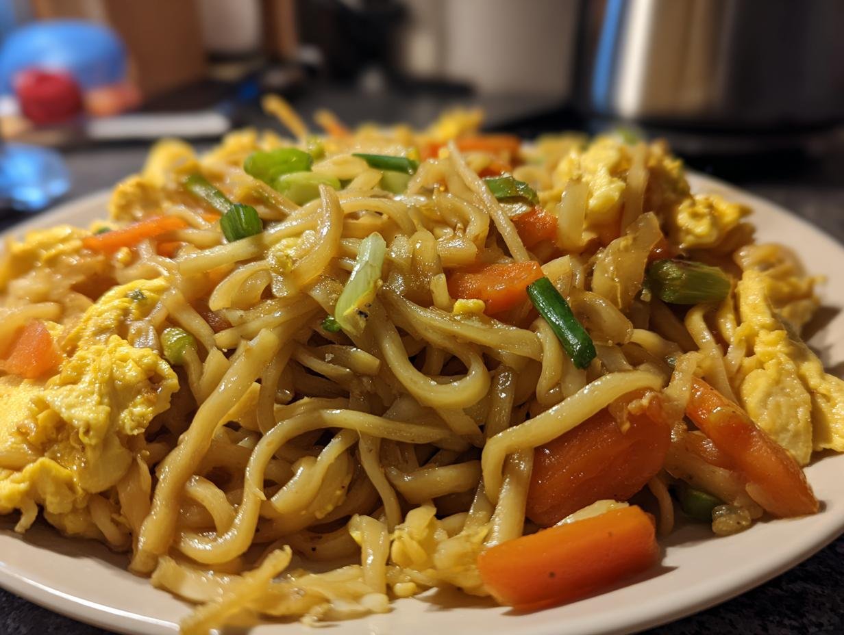 Eine Nahaufnahme von Gebratene Nudeln mit Gemüse und Ei, mit Karotten, Frühlingszwiebeln und Rührei.