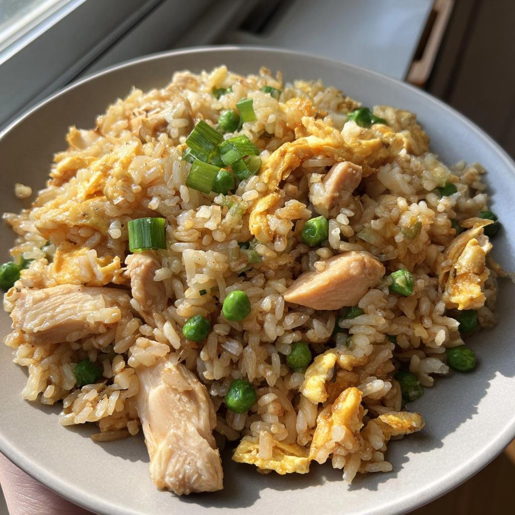 Gebratener Reis mit Huhn und Ei, garniert mit Frühlingszwiebeln und Erbsen.