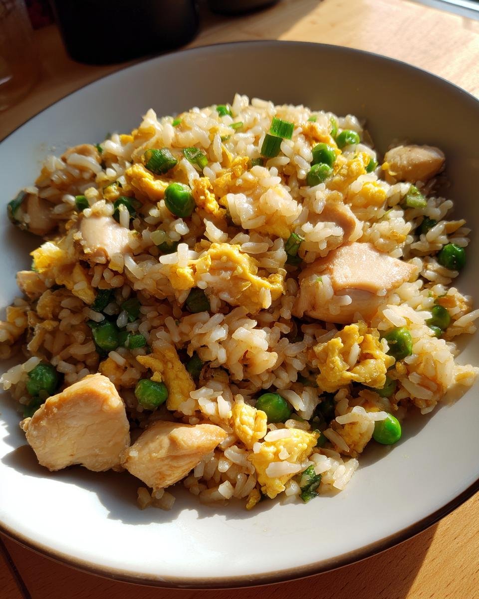 Eine Schüssel mit Gebratenem Reis mit Huhn und Ei, Erbsen und Frühlingszwiebeln garniert.