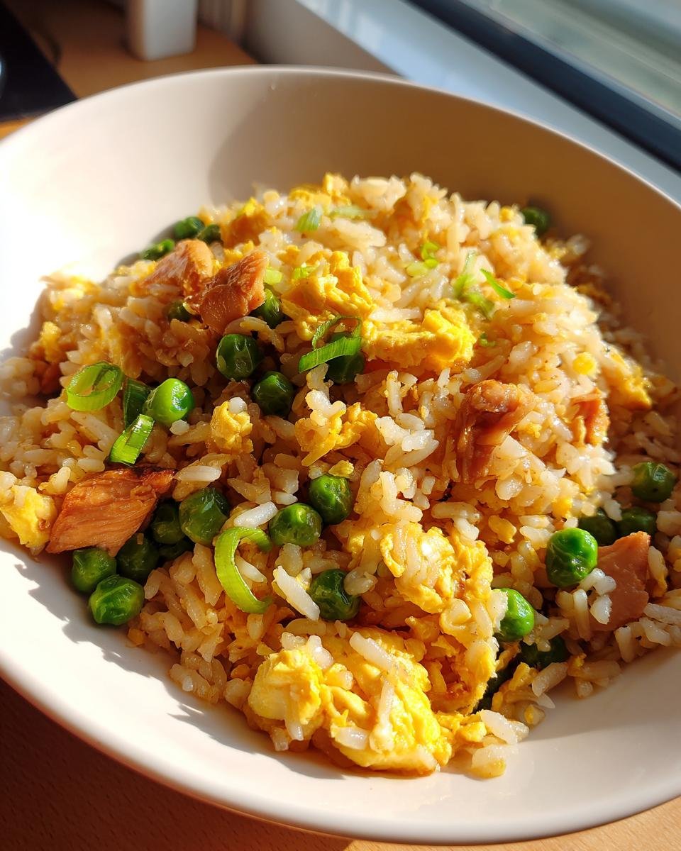 Nahaufnahme von Gebratenem Reis mit Huhn und Ei, Erbsen und Frühlingszwiebeln in einer Schüssel.
