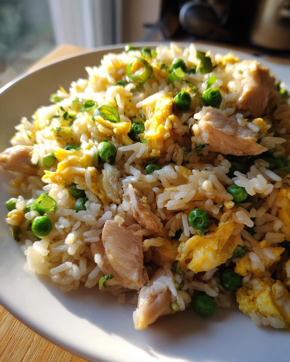 Nahaufnahme von Gebratener Reis mit Huhn und Ei, garniert mit Frühlingszwiebeln und Erbsen.