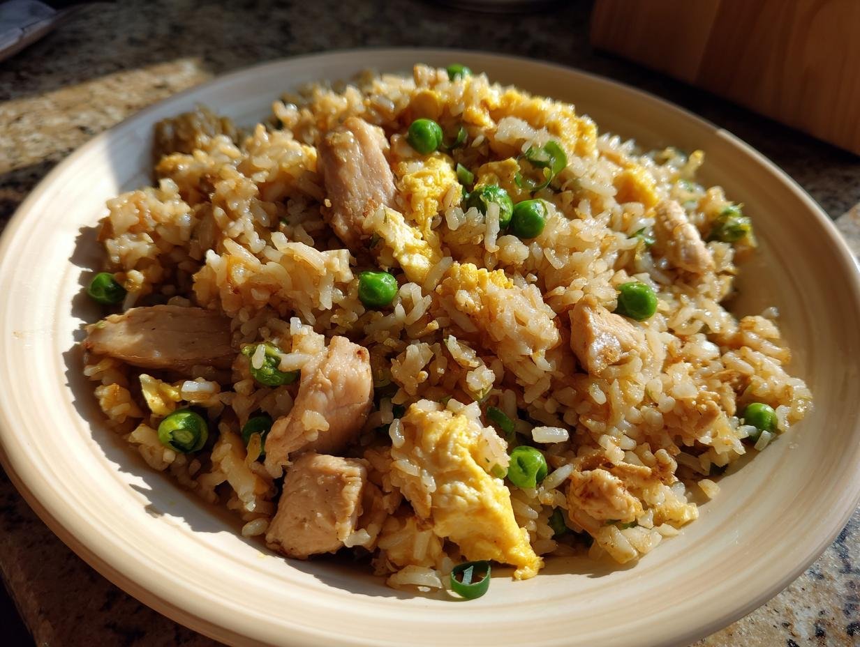 Nahaufnahme von Gebratenem Reis mit Huhn und Ei, garniert mit Erbsen und Frühlingszwiebeln.