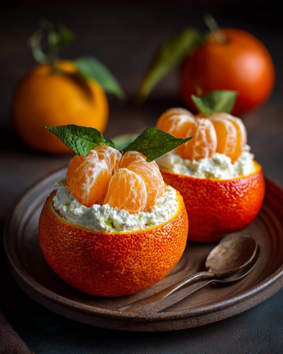 Gefüllte Orangen mit fruchtigem Sahnequark, garniert mit Minze und Sirup.