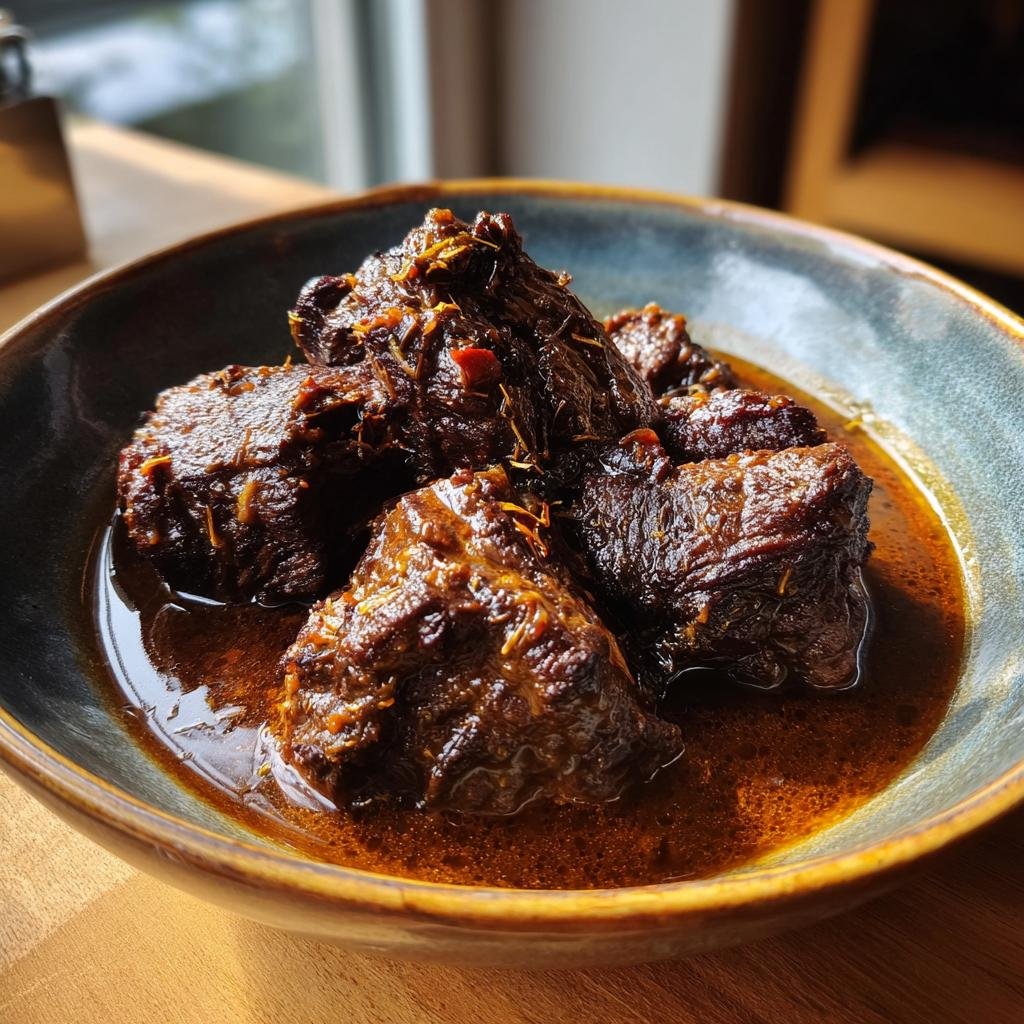 Geschmorte Rinderbäckchen aus dem Backofen in einer Schüssel mit dunkler Sauce.