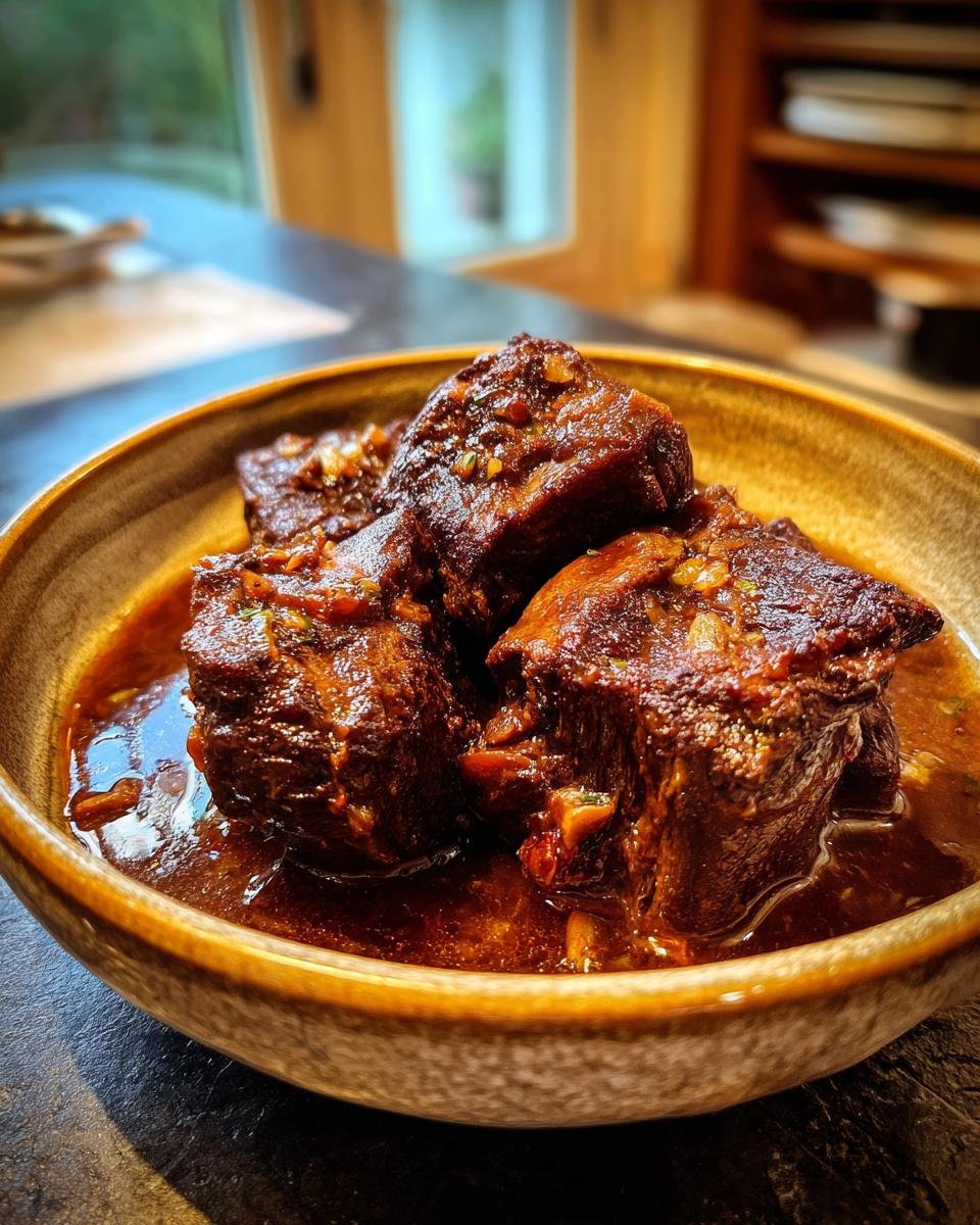Geschmorte Rinderbäckchen aus dem Backofen in einer Schüssel, saftig und mit Sauce übergossen.