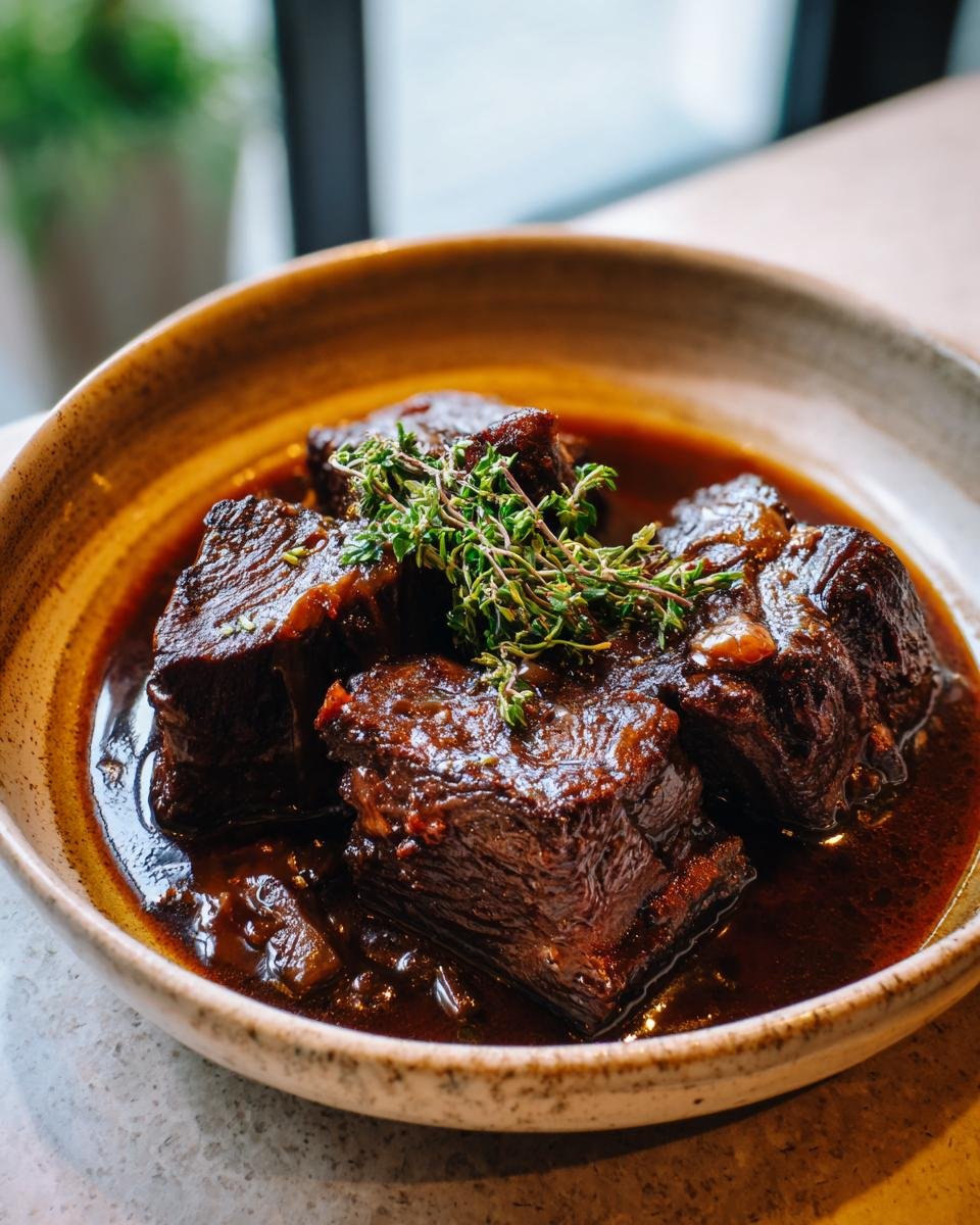 Geschmorte Rinderbäckchen aus dem Backofen, serviert in einer Schüssel mit dunkler Sauce und Thymian.