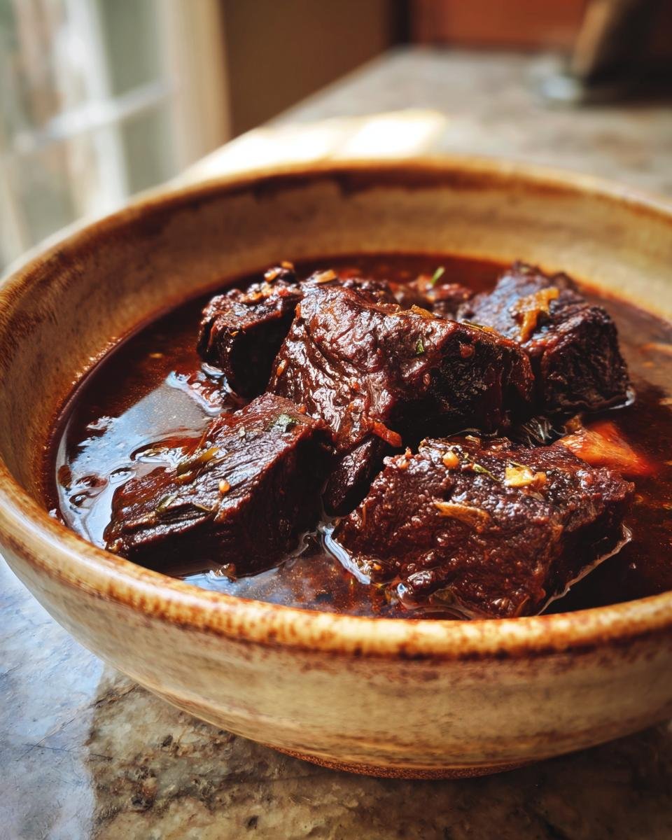 A bowl of tender Geschmorte Rinderbäckchen aus dem Backofen in rich gravy.