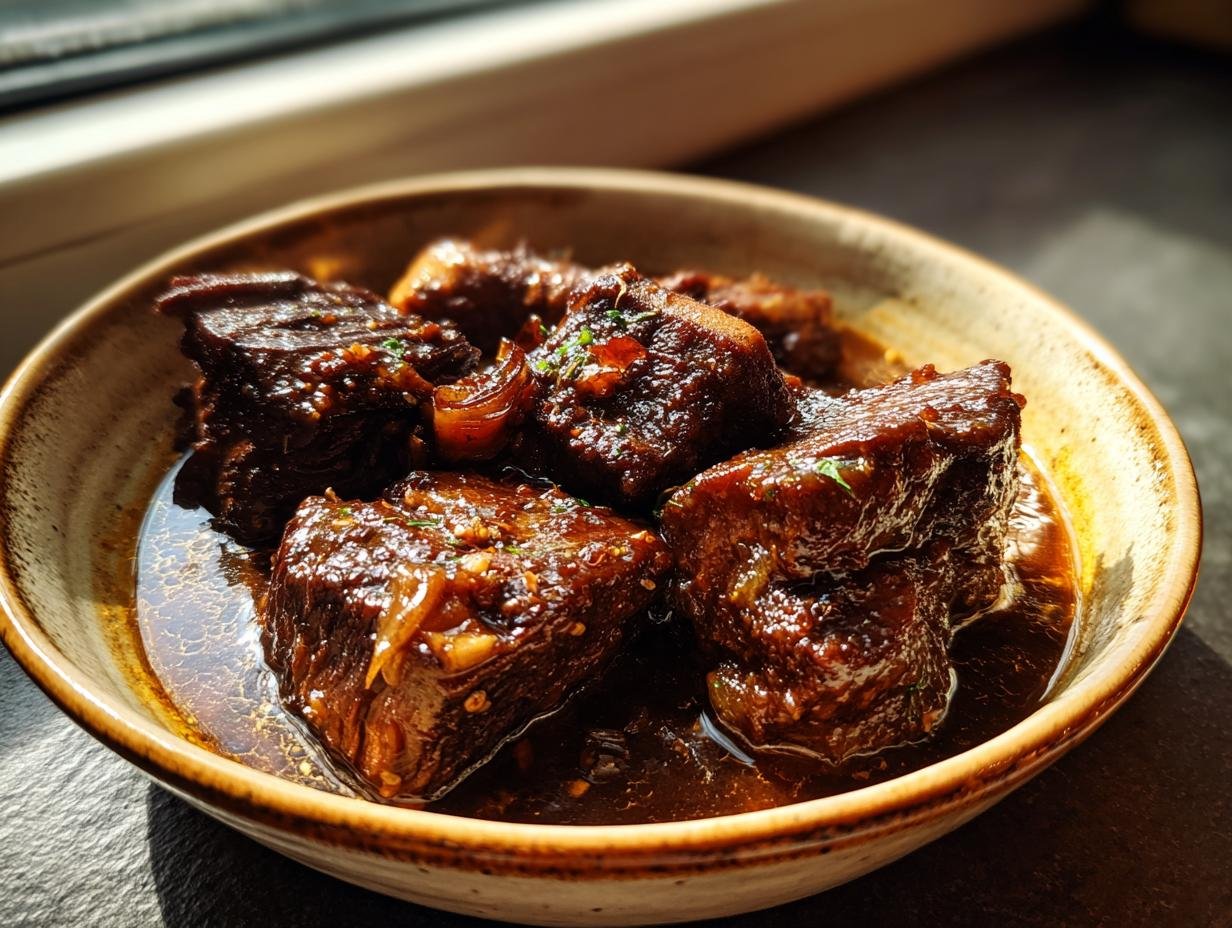 A bowl of tender Geschmorte Rinderbäckchen aus dem Backofen in a rich, dark sauce, garnished with herbs.
