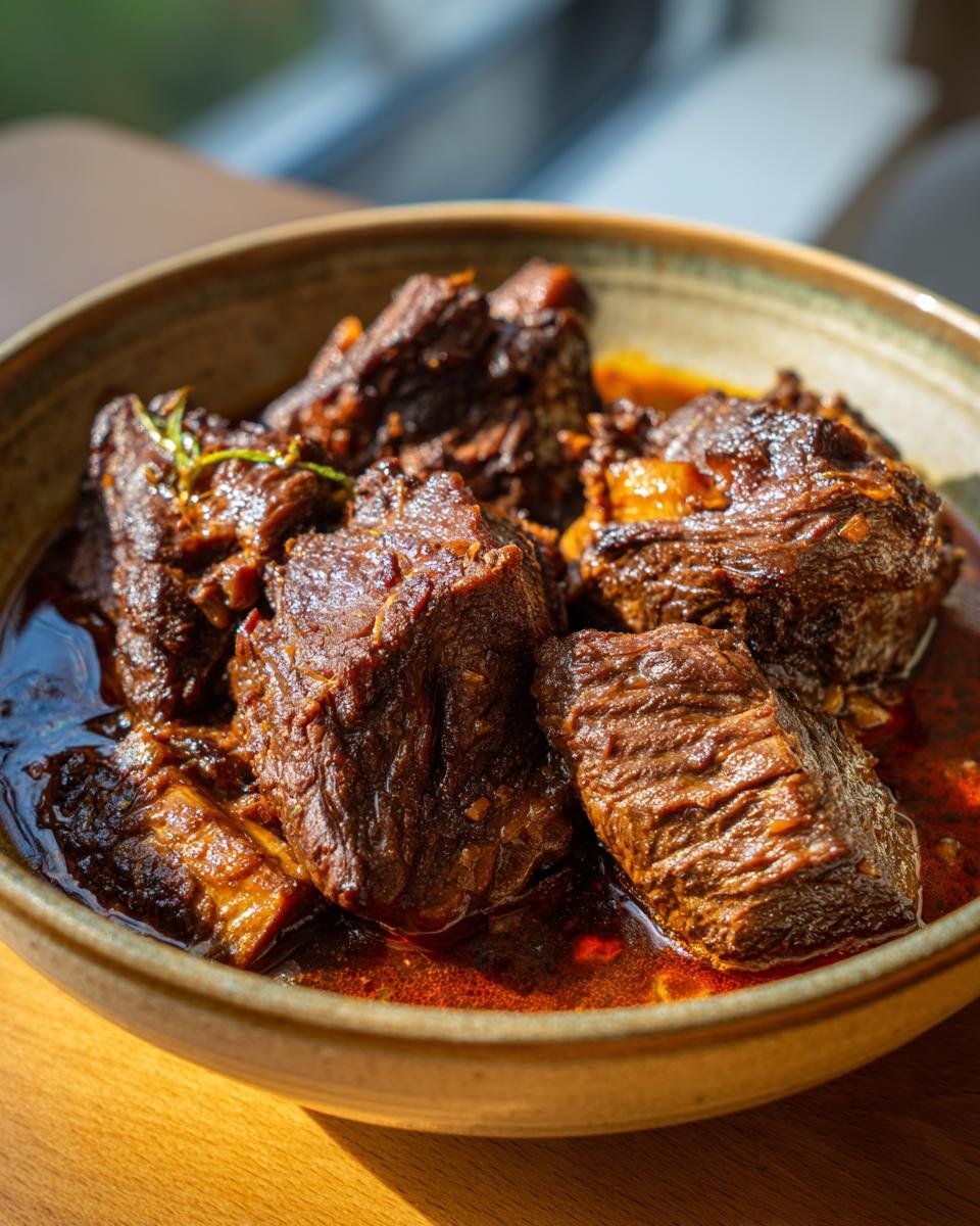 A bowl of tender Geschmorte Rinderbäckchen aus dem Backofen, slow-cooked in a rich, dark sauce.