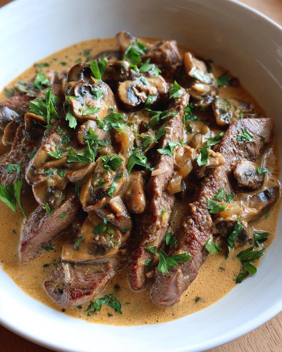 Close-up of tender slices of Geschnetzeltes Zürcher Art in a creamy mushroom sauce, garnished with parsley.