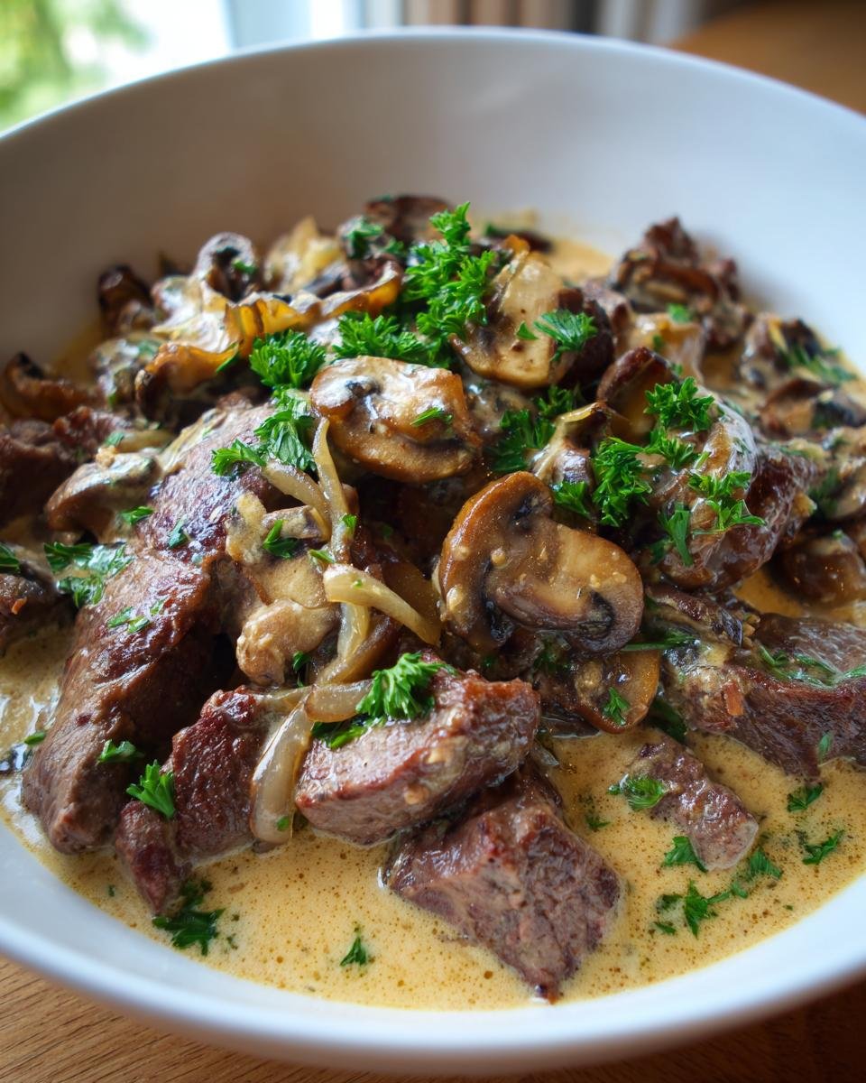 A close-up of Geschnetzeltes Zürcher Art, featuring tender beef strips in a creamy mushroom sauce, garnished with fresh parsley.