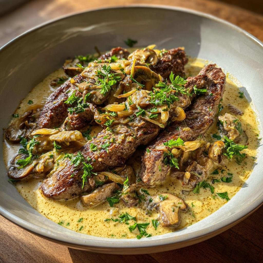 A close-up of tender slices of Geschnetzeltes Zürcher Art in a creamy mushroom sauce, garnished with fresh parsley.