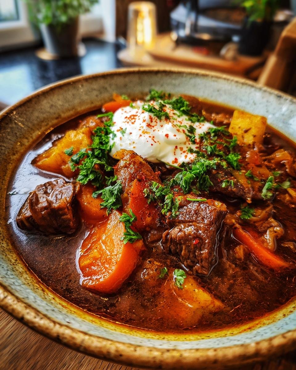 A close-up of a bowl of Glühweingulasch, featuring tender beef, potatoes, carrots, and a dollop of sour cream topped with parsley.