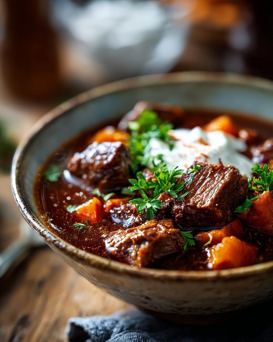 A close-up of a bowl of Glühweingulasch, featuring tender beef chunks, root vegetables, and a dollop of cream, garnished with fresh parsley.